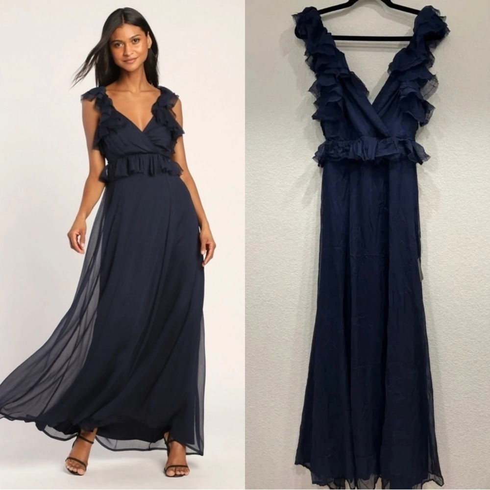 NWT Lulus Navy Blue Ruffled Tie-Back‎ Maxi Dress
